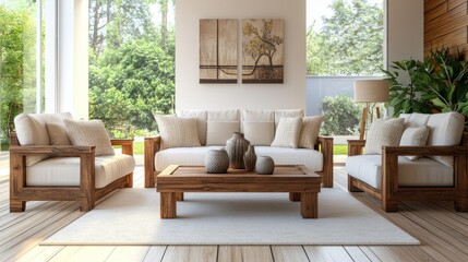 Luxurious modern living room featuring chic furniture and a warm wooden design, ideal for comfortable relaxation and social gatherings