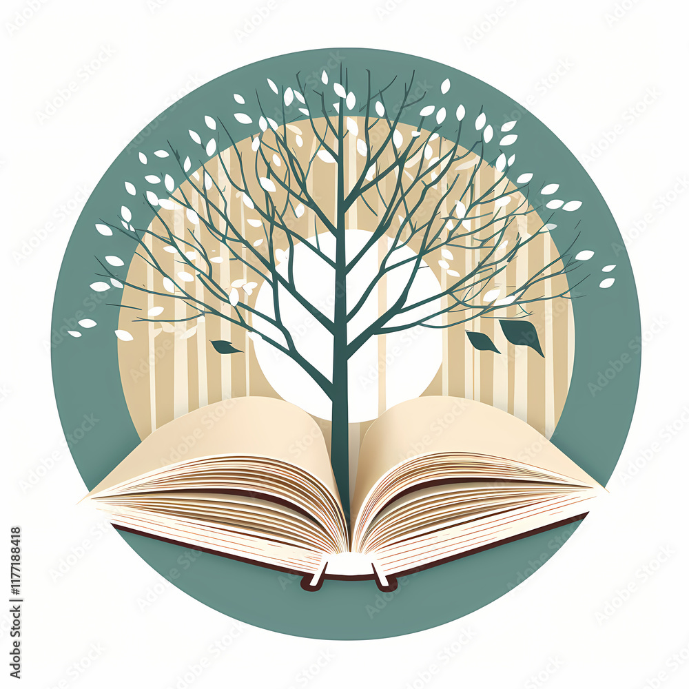 Aufkleber artistic representation of a tree emerging from an open book surrounded by a circular design in a ca