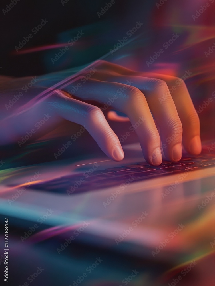 Poster close up of male hands using laptop at desktop with abstract digital cloud on blurry background. clo