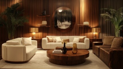 Luxurious modern living room featuring chic furniture and a warm wooden design, ideal for comfortable relaxation and social gatherings