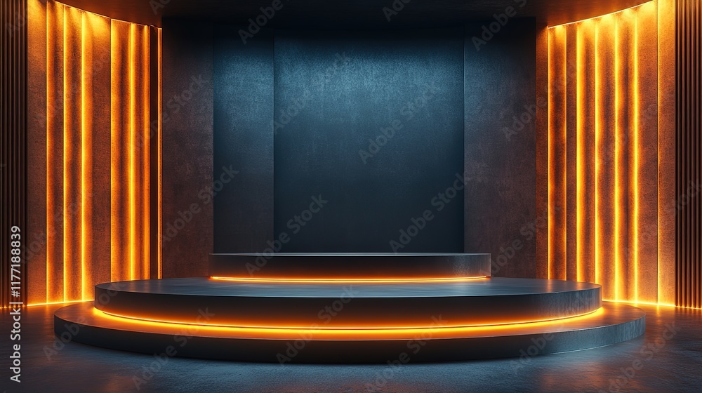 Poster a futuristic 3d podium with a glowing circular design serves as a high-tech stage for a product disp