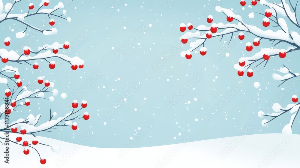 Poster snowy winter scene with snow-covered branches and red berries on a light blue background creating a 