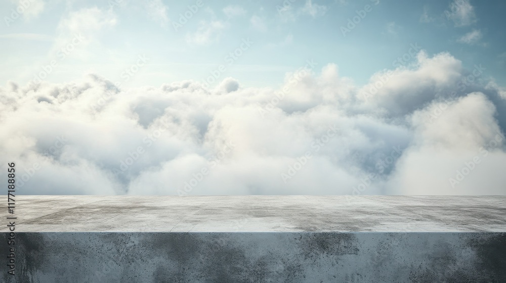 Poster creative background with concrete ground and foggy clouds and mock up place. landing page concept