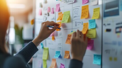 People Brainstorming with Colorful Sticky Notes, Idea Board, Teamwork Planning, Collaborative Workspace, Office Creativity