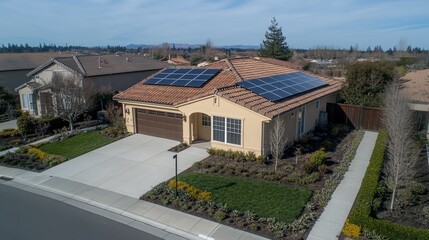 Ranch-style house with solar panels, landscaped yard, and driveway.