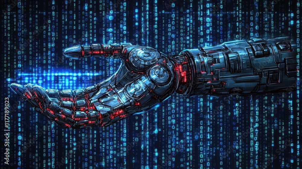 Poster futuristic robot hand reaching out with digital binary background