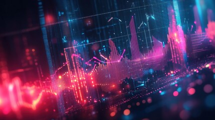 Obraz premium Big data and statistics concept with digital glowing growing graphs and diagrams on night megapolis city background. Double exposure