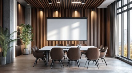 Modern Conference Room with Wooden Accents and Large Windows