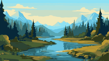 Beautiful mountain lake scenery with clear still water, mountain ridge, dense forest, meadow shores and tall pine trees in the foreground.