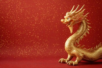 Obraz premium Golden dragon figurine with red background and some golden sparkle implying prosperity and festive mood