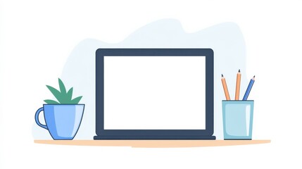 Modern Workspace Design with Laptop, Potted Plant, and Stationery Items on Minimalist Desk for Creative and Productive Work Environment