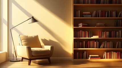 Minimalist reading corner with a sleek armchair, a few neatly stacked books, and a reading lamp.