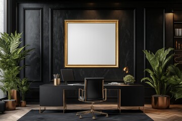 Modern office interior design with plants and gold accents