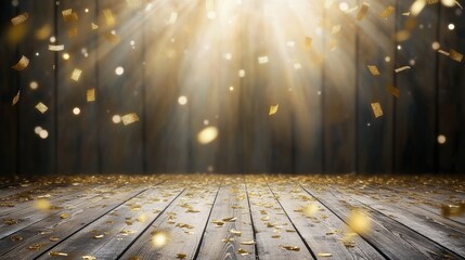 Gold confetti showers down against a dark backdrop, enhancing elegance and excitement during festivities, parties, or significant events
