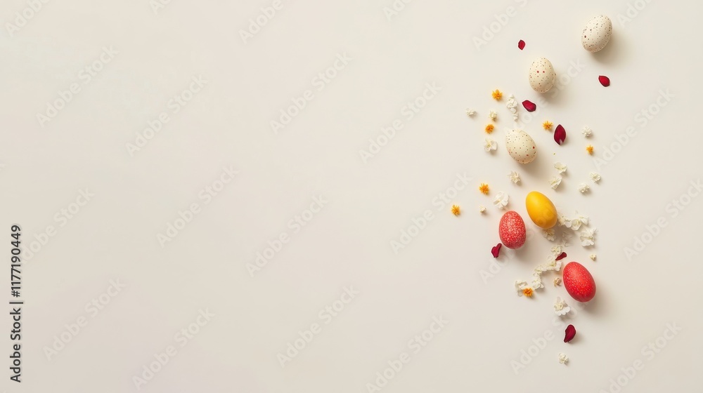 Poster minimal easter decoration colorful eggs and a few flower petals scattered over a solid lightcolored 