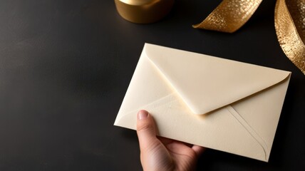 A hand holding a cream envelope on a dark surface, adorned with a glimmering gold ribbon in the background, perfect for special invitations or heartfelt letters.