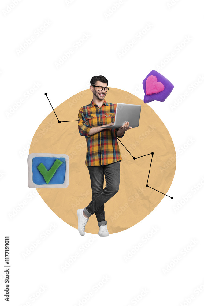 Poster Vertical collage image of positive guy use netbook receive like notification check mark icon isolated on drawing beige background