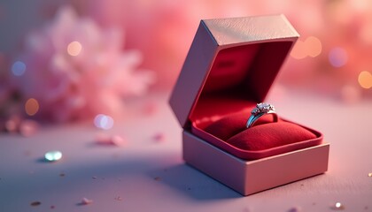 Diamond ring in red velvet box with romantic pink backdrop