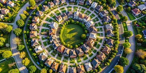 Aerial View of Circular Neighborhood, Green Spaces, Suburban Homes, Bird's Eye View, Community Design