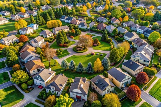 Aerial View of Circular Neighborhood Homes, HOA Community, Suburban Housing, Bird's-Eye Perspective