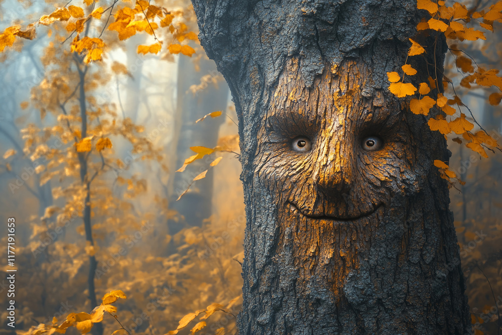 Poster smiling tree with a human-like face in an autumn forest