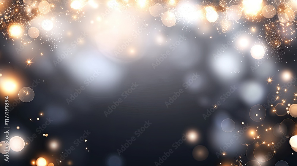 Poster glittering golden particles float against a dark backdrop, offering an elegant space for new year or