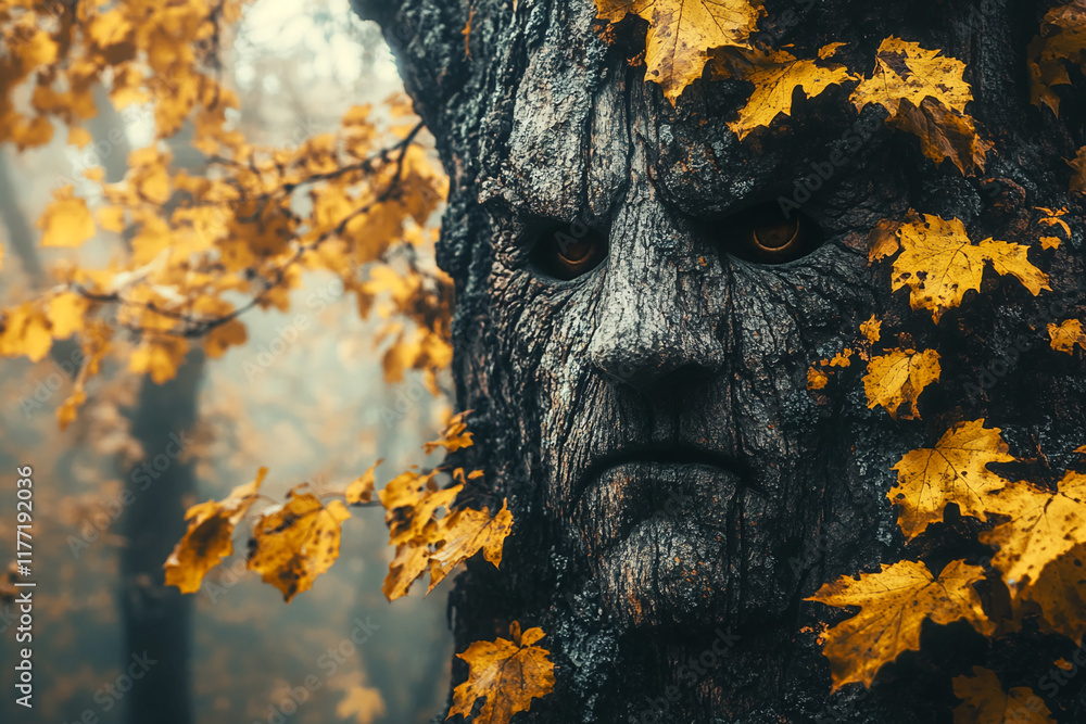 Poster surreal tree face with autumn leaves in a misty forest scene