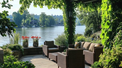Peaceful riverfront patio featuring comfortable seating, greenery, and a soothing view of the water for relaxation.