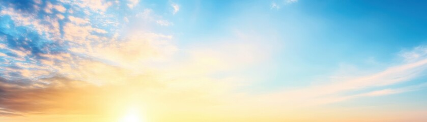 A stunning panoramic view of the sky at sunrise, showcasing vibrant colors and beautiful cloud formations as the sun rises on the horizon.