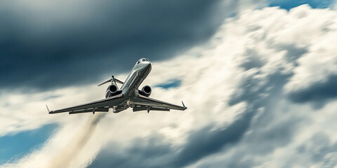 Obraz premium Private jet ascends into a cloudy sky at sunset