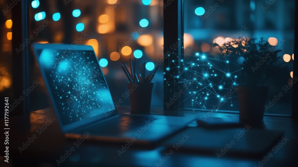 Aufkleber close up of notebook on desktop with creative glowing connected people icons on blurry background. p