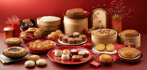 Naklejka premium A beautiful spread of assorted pastries and festive treats arranged on red plates, perfect for celebrations and special occasions.