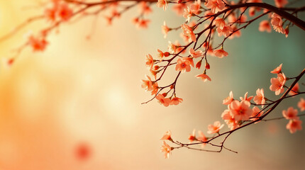 Pink flowers blooming on branches against a blurred sunset background