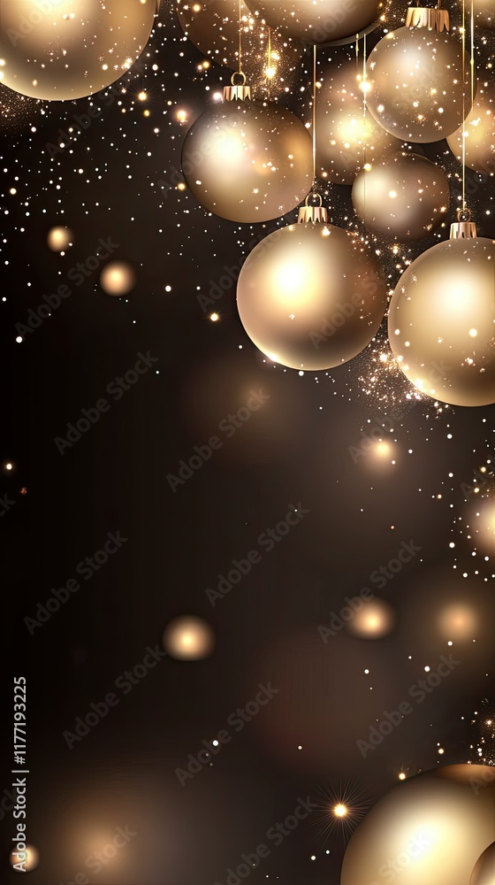 Poster glittering golden particles float against a dark backdrop, offering an elegant space for new year or