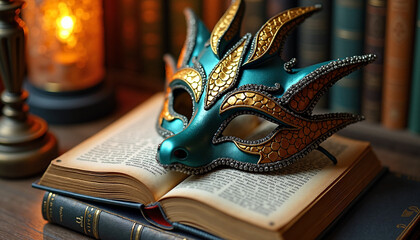 Intricate carnival mask on an open book, warm lighting, elegant design, Mardi Gras theme