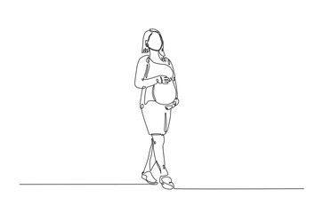 Beautiful pregnant woman touching her belly in continuous one line drawing. Simple line art illustration of pregnant belly. Editable vector.