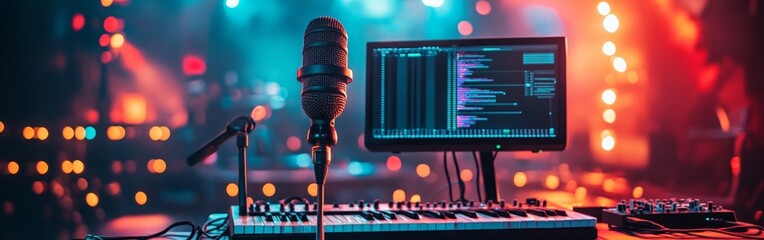 A microphone and monitor on a moody stage with dramatic lighting, representing live music, performance, and the electrifying energy of concerts.