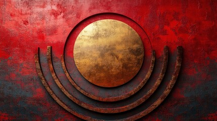 A muted red backdrop with concentric gold circles forming a decorative flat texture and an open middle section 