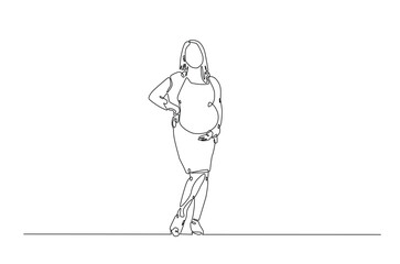 Beautiful pregnant woman touching her belly in continuous one line drawing. Simple line art illustration of pregnant belly. Editable vector.