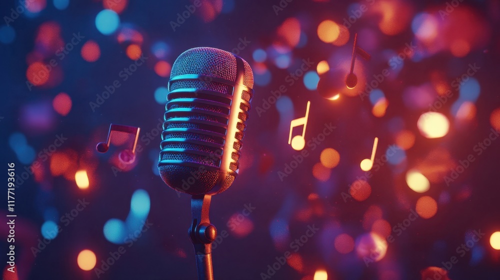 Poster vintage microphone with floating music notes in colorful background