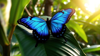 Vivid Blue Morpho Butterfly Resting On Green Leaf