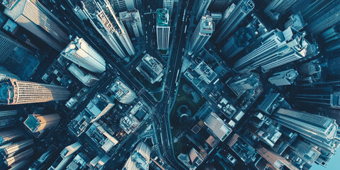Overhead view of a bustling urban landscape at dusk
