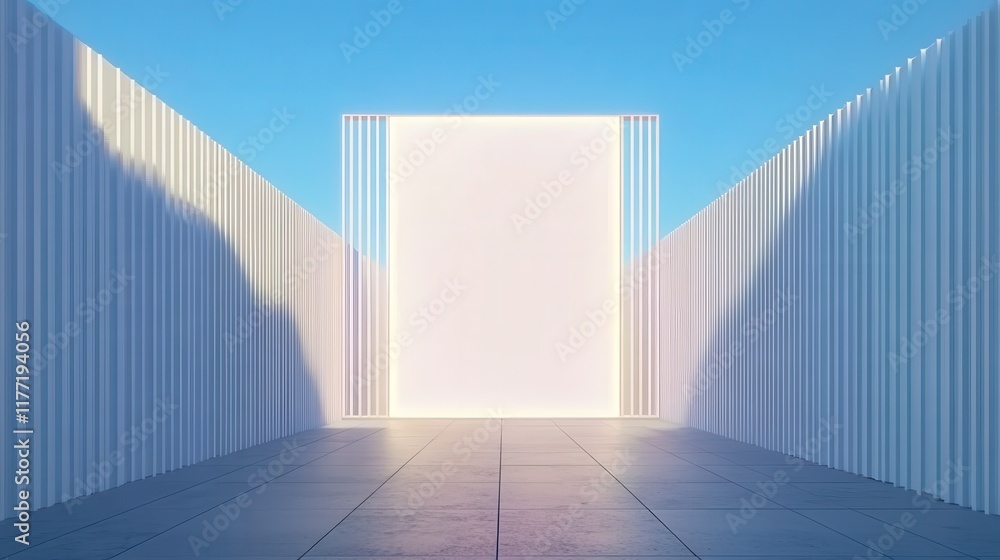 Aufkleber blank open air presentation stage with glowing light between fence and floor and blue sky on backgro