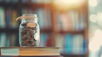 A vibrant transparent jar of coins sits on a stack of books, with a blurred study desk backdrop. Motivational elements represent tuition savings, scholarships, and financial planning