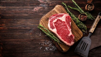  Two raw rib eye steak on a wooden Board on a table prepared for the grill. raw meat on wooden board, 