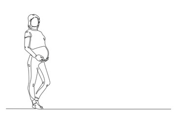 Beautiful pregnant woman touching her belly in continuous one line drawing. Simple line art illustration of pregnant belly. Editable vector.