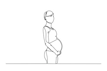 Beautiful pregnant woman touching her belly in continuous one line drawing. Simple line art illustration of pregnant belly. Editable vector.