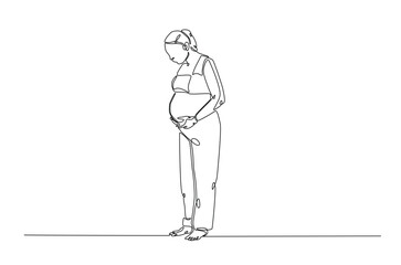 Beautiful pregnant woman touching her belly in continuous one line drawing. Simple line art illustration of pregnant belly. Editable vector.