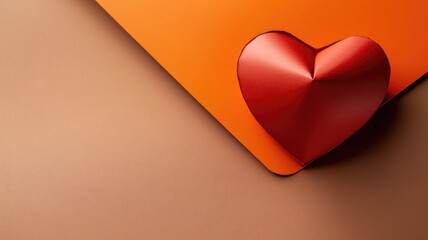 Red heart on orange paper over light brown surface
