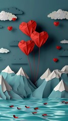 Red heart balloons floating above a serene mountain landscape